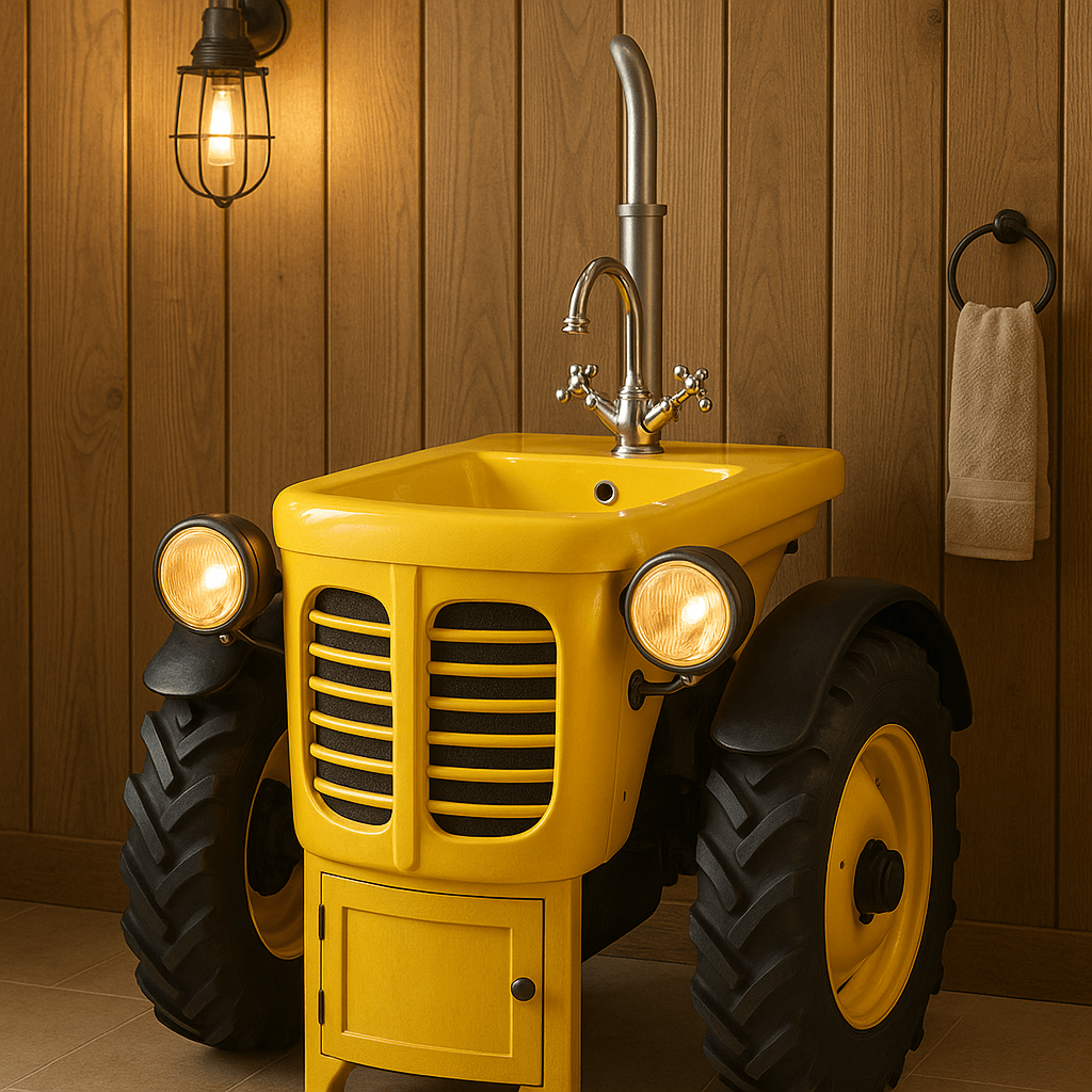 Playful yellow tractor sink with functional design and characterful look, perfect for a child’s bathroom or themed space