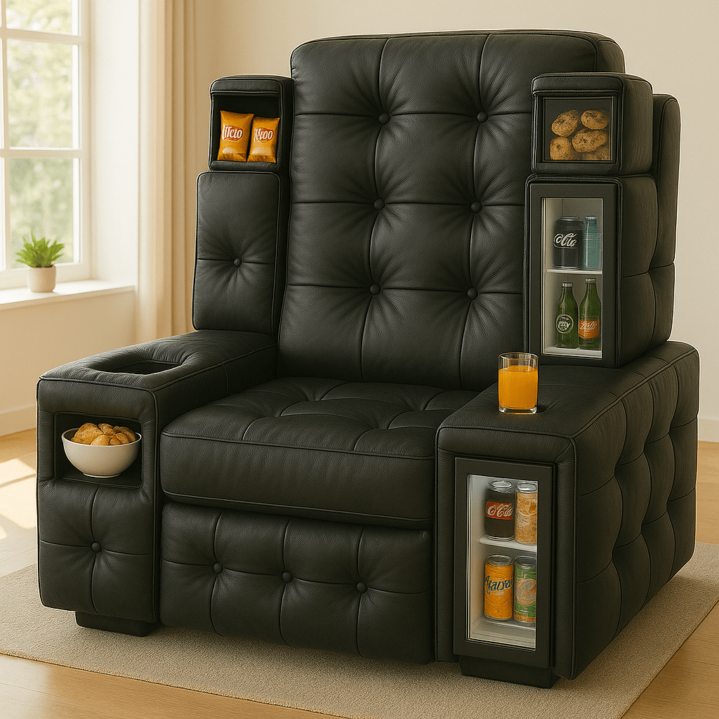 Sleek black leather armchair featuring mini fridge storage, cup holder, and snack shelves in a contemporary living space.
