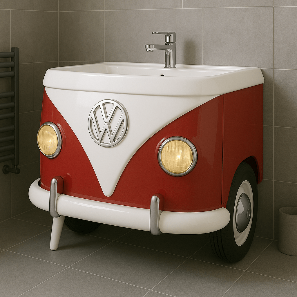 A red VW camper van-themed bathroom sink with functional headlights and chrome tap.