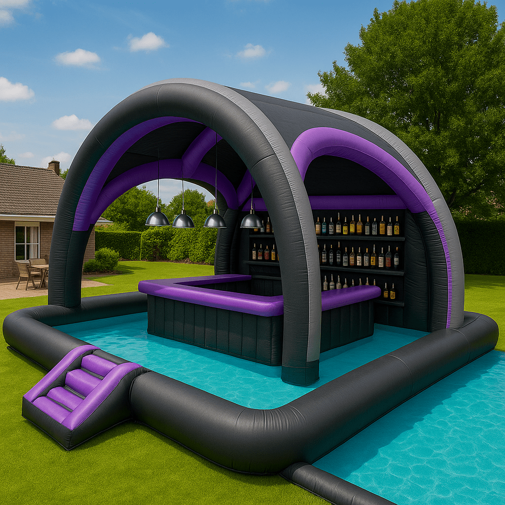 A bold black and purple pool bar with spacious shaded seating.