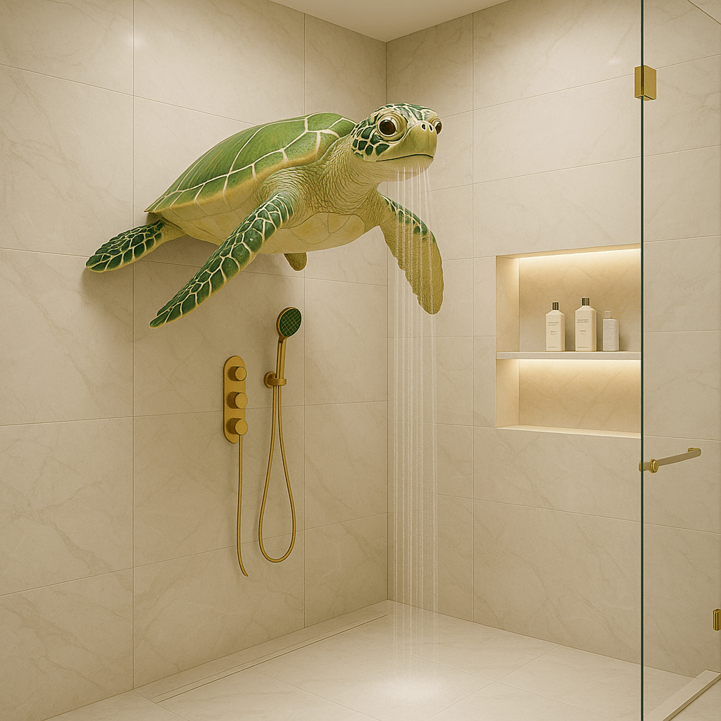 A green turtle shower head installed in a luxury tiled bathroom with gold shower controls.

