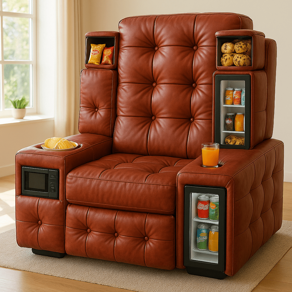 Warm brown leather armchair with mini fridge, cup holder, and snack shelves, styled in a cosy, sunlit room.