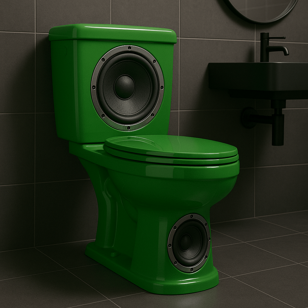 Glossy green novelty toilet with faux speaker design in a contemporary dark-tiled bathroom.