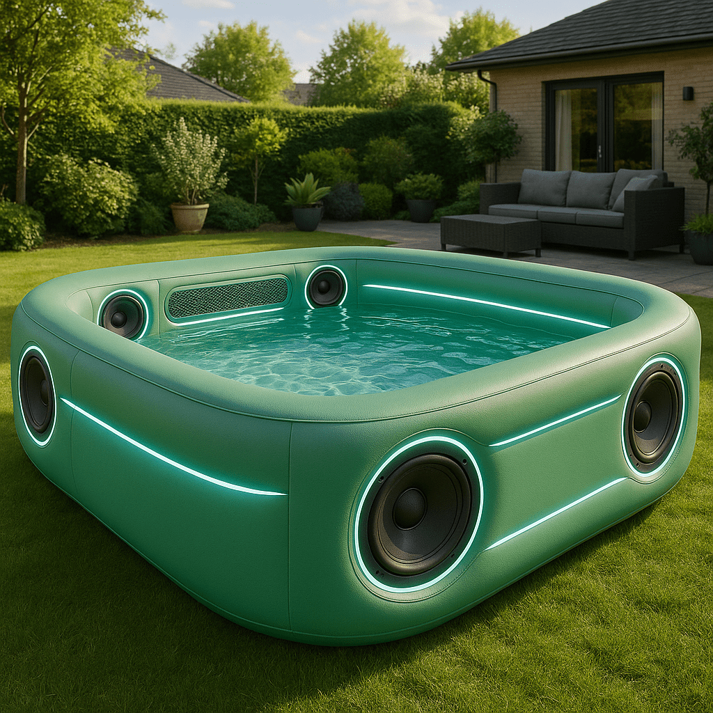 Green inflatable pool with built-in speakers and LED lights in a lush garden.