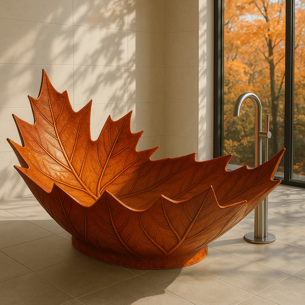 Statement bathtub shaped like a maple leaf in rich amber orange placed in a sunlit bathroom