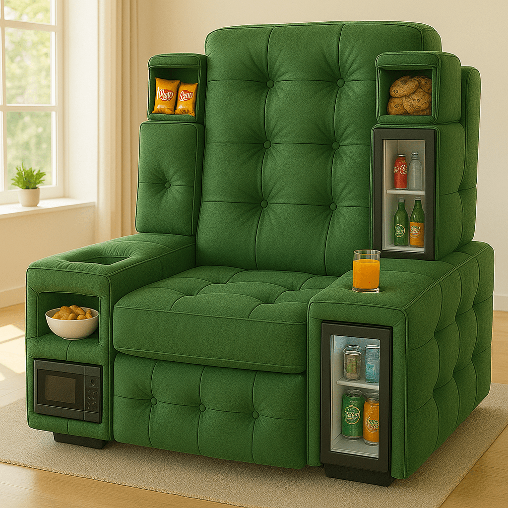 Bold green fabric armchair with integrated mini fridge, microwave compartment, and snack shelves, placed in a bright living room.