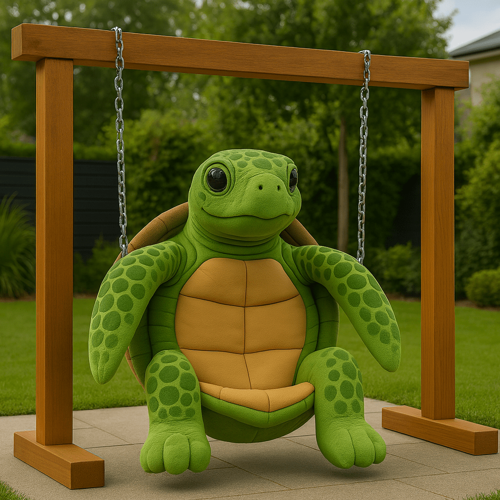 A vivid green turtle swing chair with realistic patterned flippers, suspended in a garden setting.
