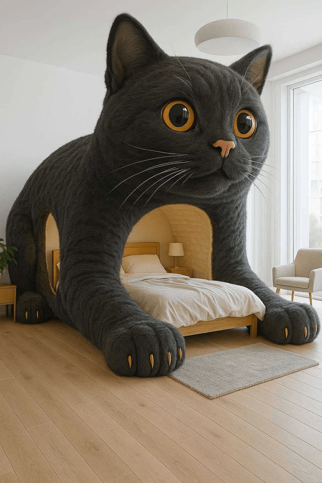 Black cat-shaped bed with golden eyes in a simple modern bedroom