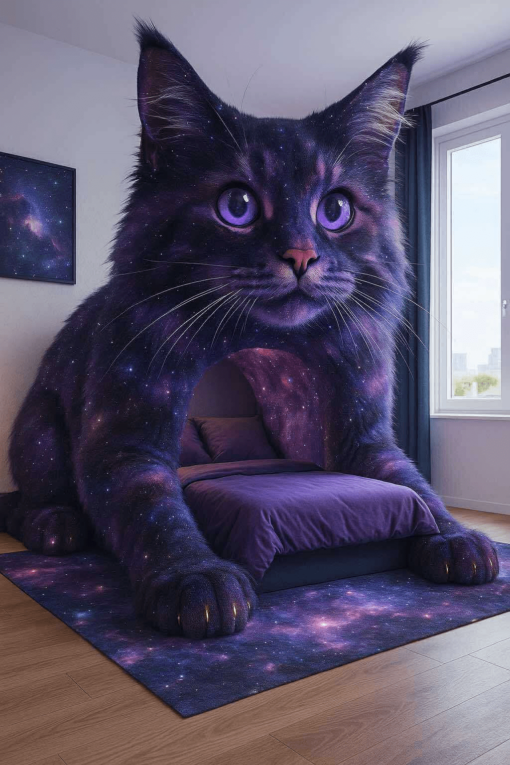 Cosmic galaxy-inspired cat-shaped bed with purple bedding and matching décor