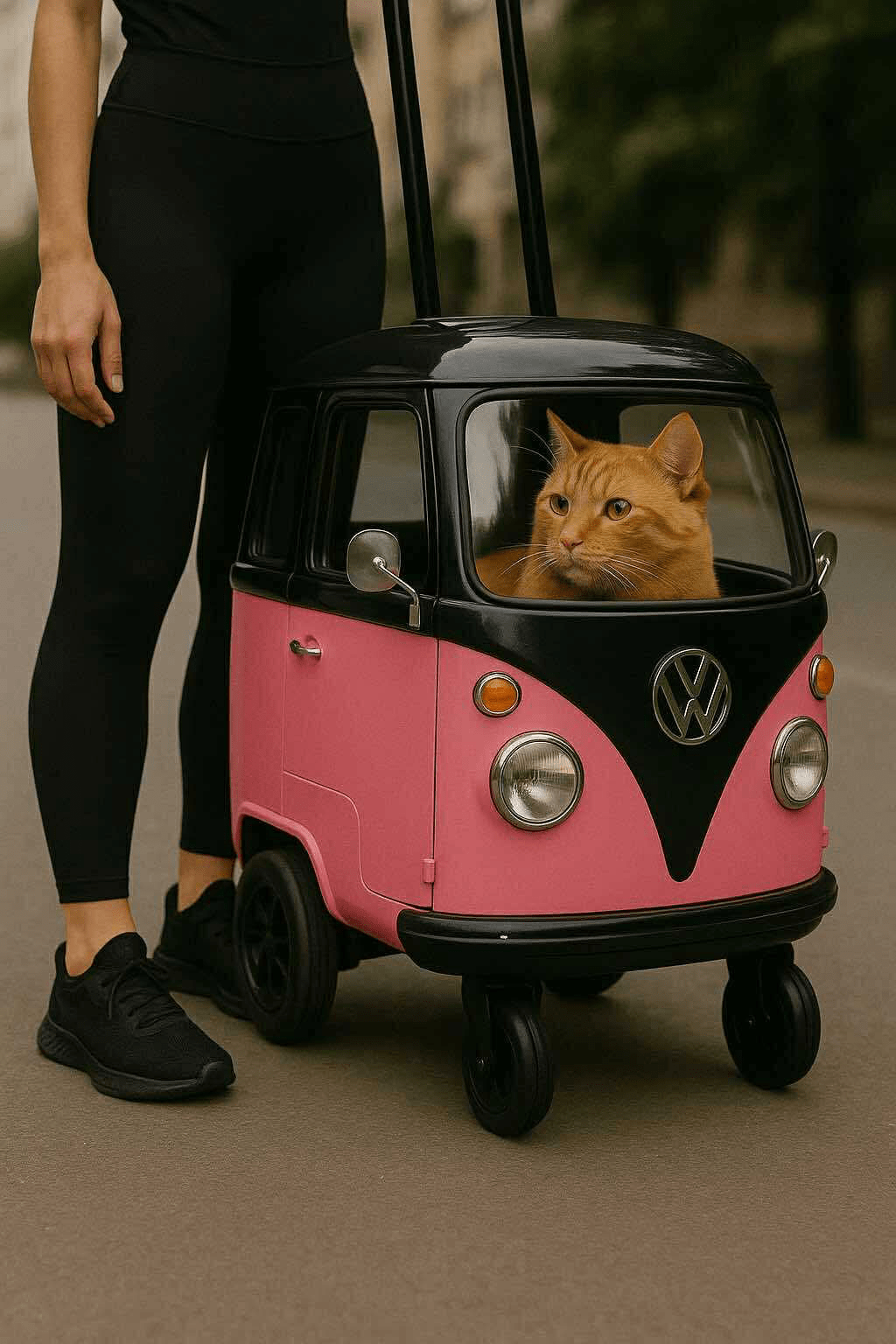 Orange cat sitting inside a pink and black miniature VW camper van pet carrier.