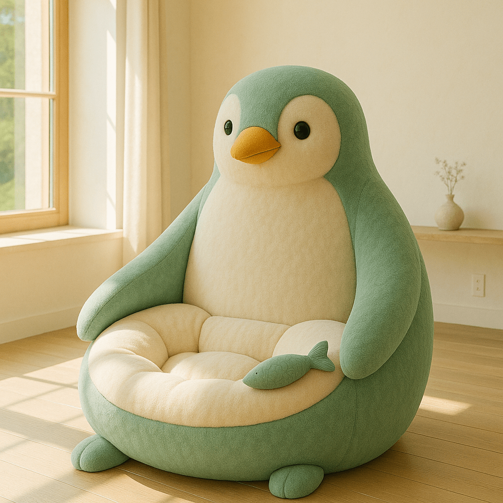 Whimsical mint green and cream oversized penguin armchair with fish detail, perfect for playful spaces.