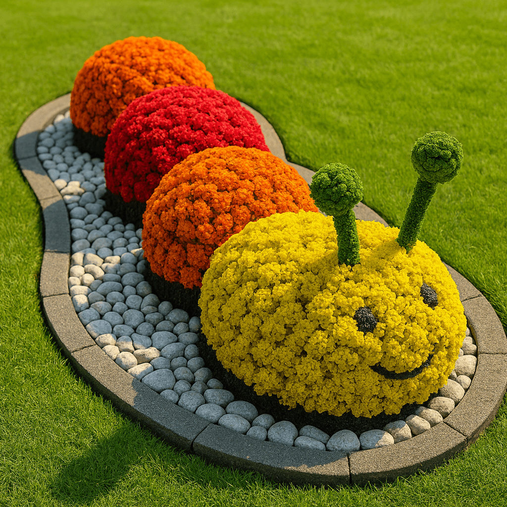 Whimsical flower bed shaped like a smiling caterpillar with red, orange, and yellow flower segments