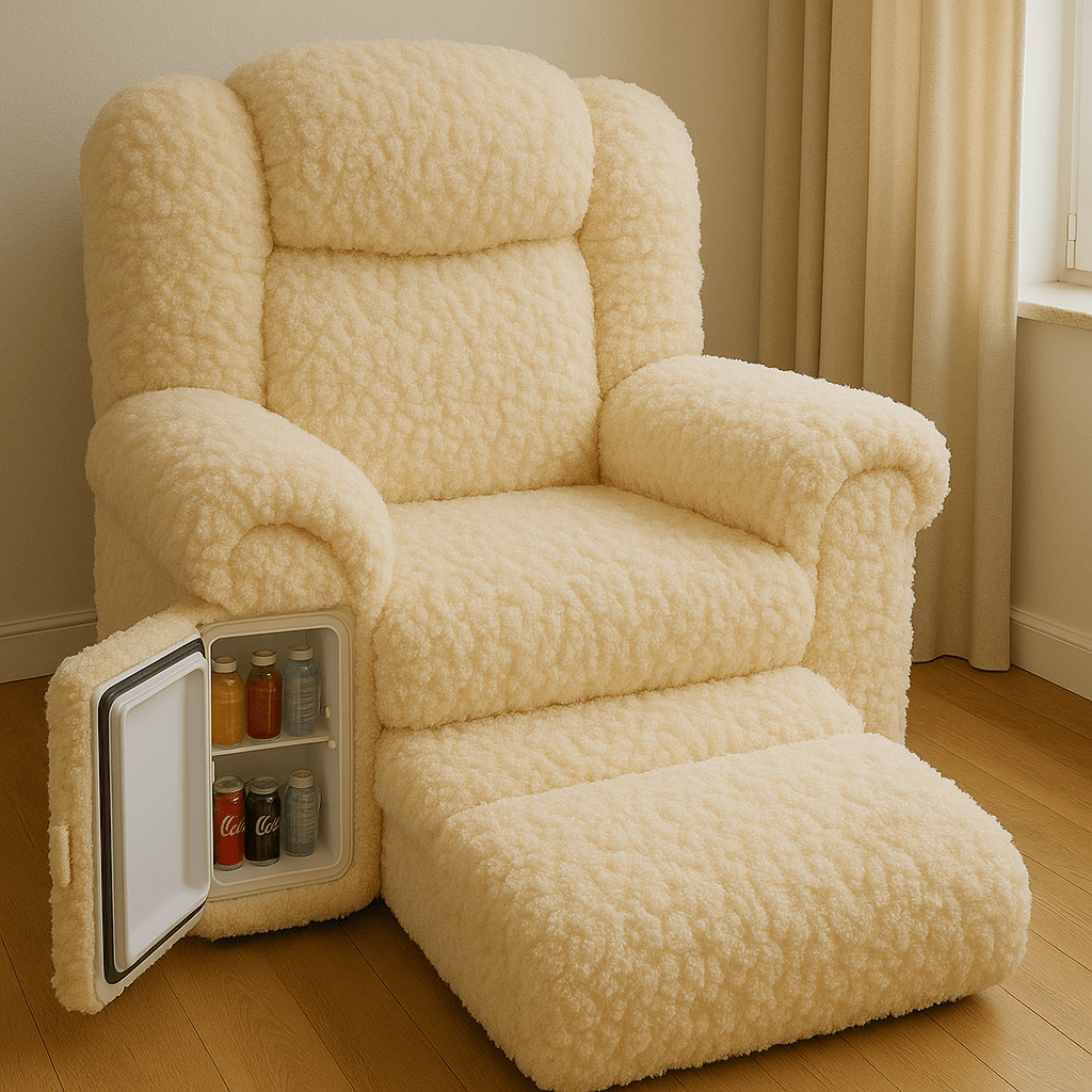 Ivory white oversized armchair with sherpa finish and hidden side fridge storing drinks
