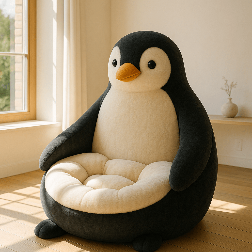Sleek black and cream penguin-themed novelty chair with plush features, styled in a sunlit living room.