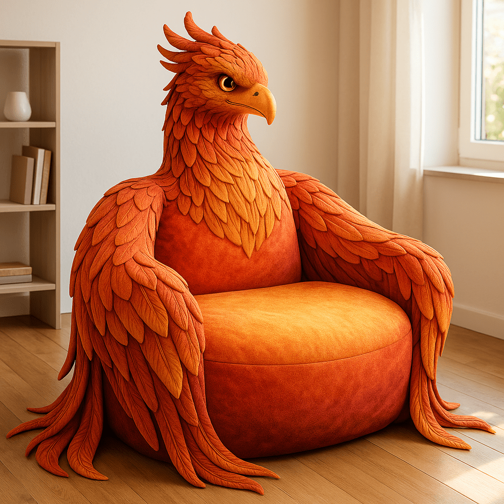 Oversized orange phoenix armchair with lifelike feather details in a sunlit room.