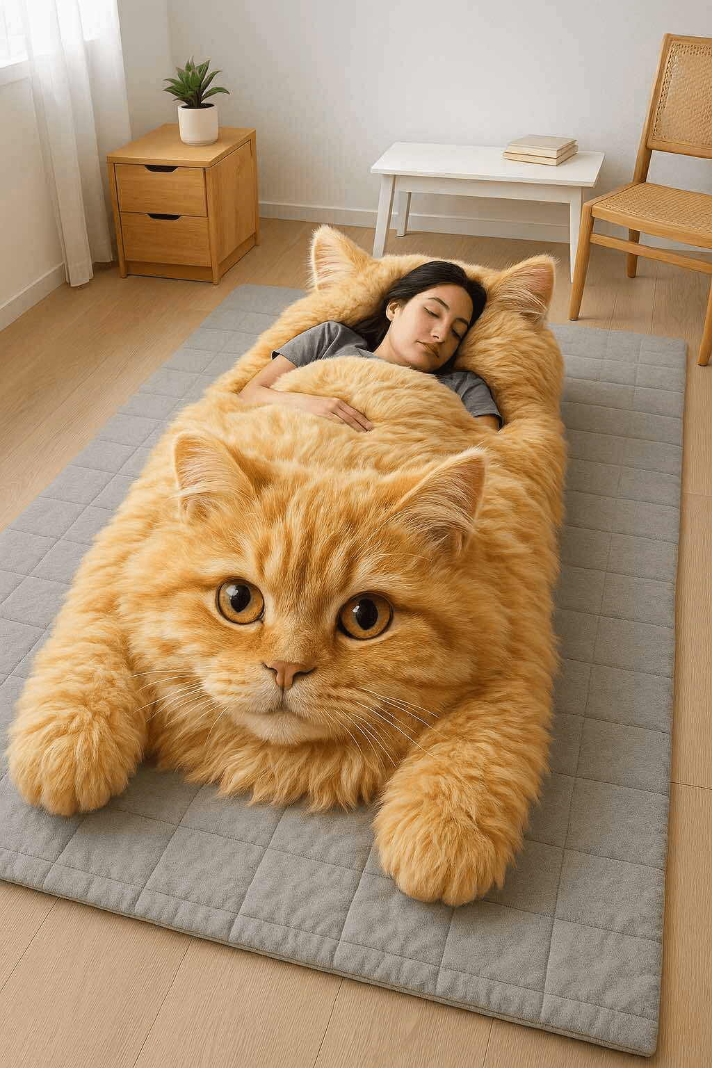 Large ginger cat-shaped bed with person sleeping, playful and cosy furniture.