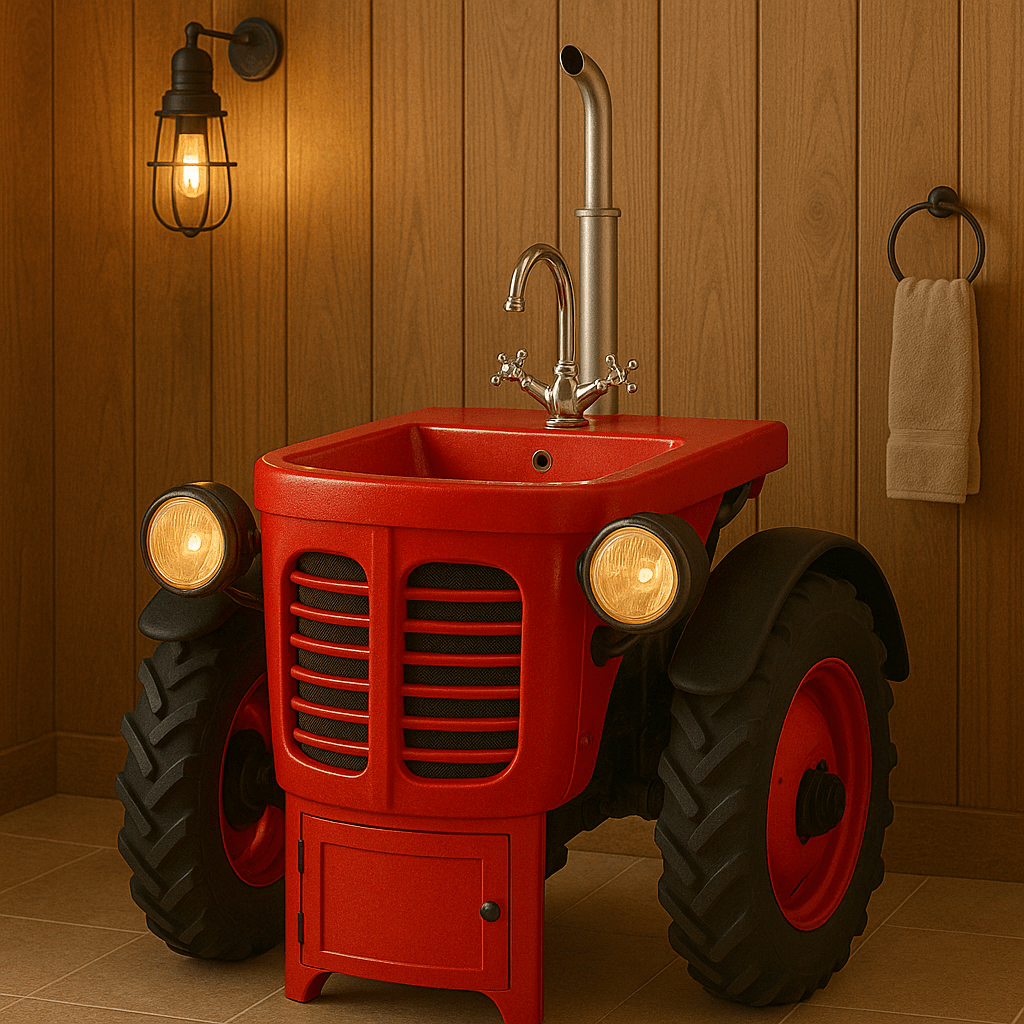 Quirky red tractor-themed bathroom sink with chrome tap and retro design, placed against wood-panelled walls
