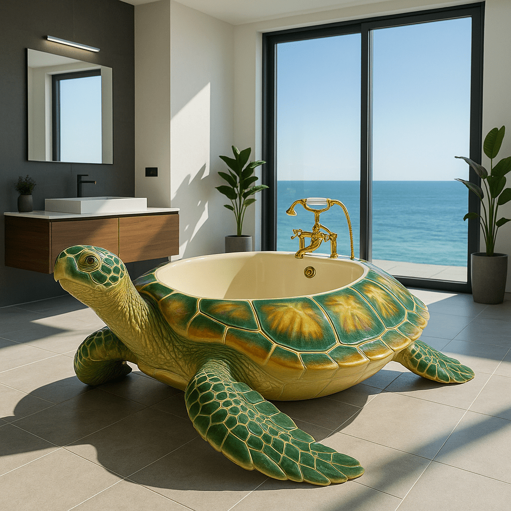 Vibrant green and gold turtle-shaped bathtub in modern seaside bathroom with natural light