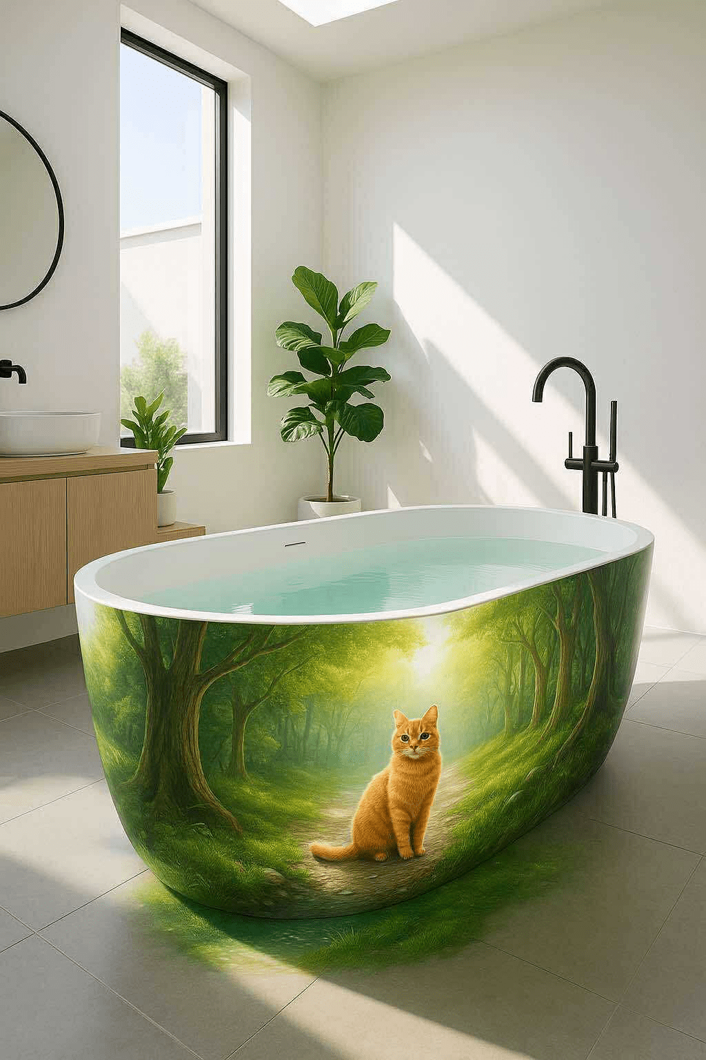 Wooden freestanding bathtub with ginger cat on a forest path design in a warm wood-panelled bathroom.