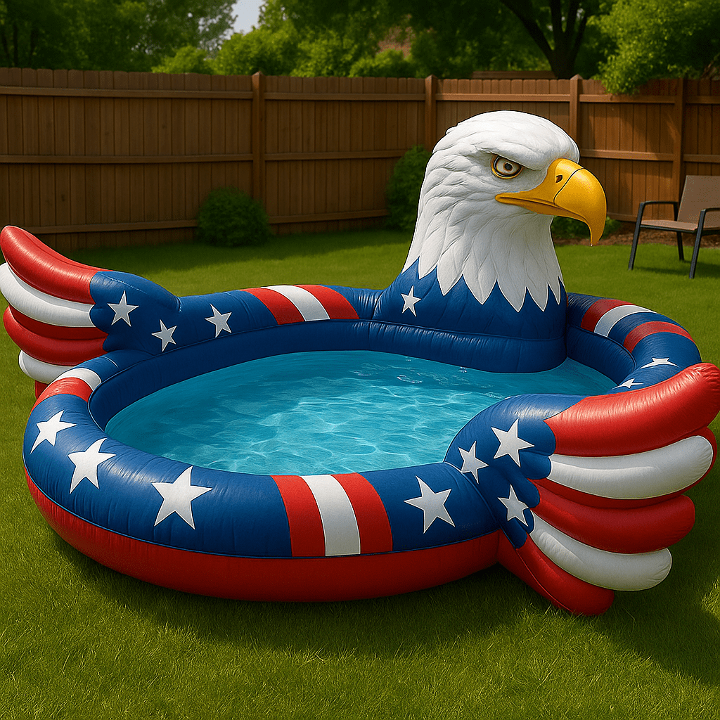 Inflatable eagle paddling pool decorated with red, white, and blue stars and stripes.