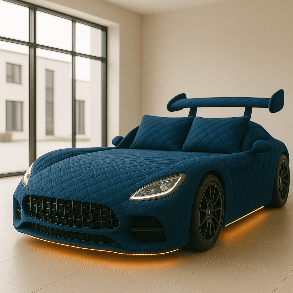 Luxury bed styled as a blue sports car, with quilted fabric finish and warm underglow lighting.