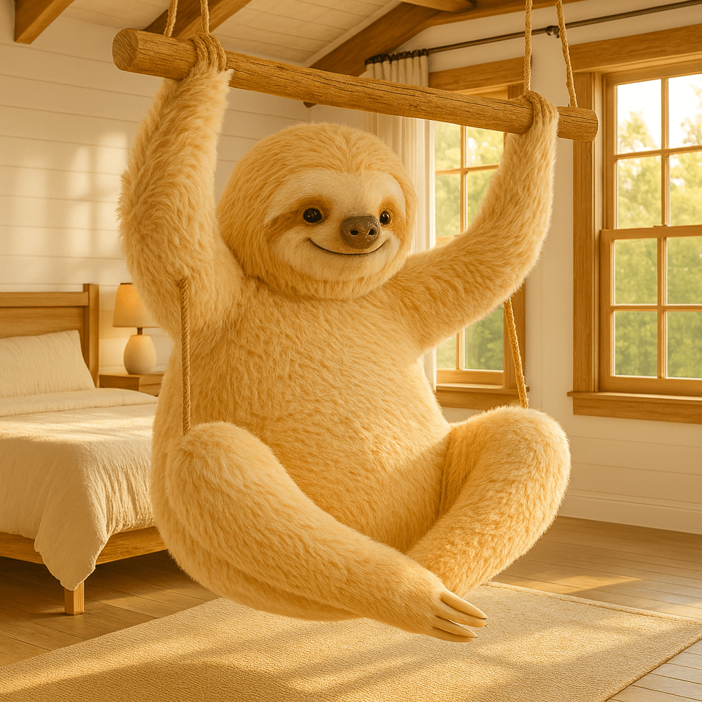 A golden beige oversized sloth swing chair hanging in a bright bedroom with natural light streaming through the windows.