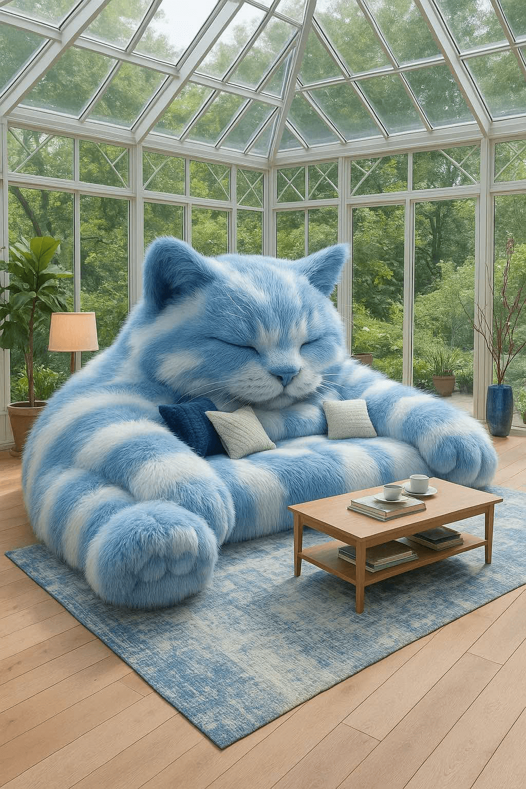 Giant sky blue and white striped cat-shaped sofa in a glass conservatory with lush green outdoor views.