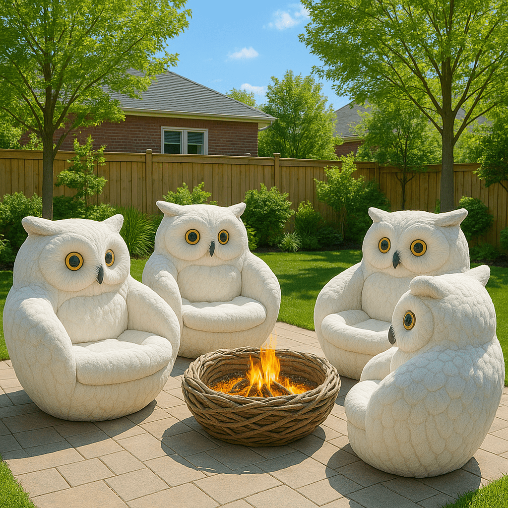 White owl-shaped chairs positioned around a circular firepit on a stone patio