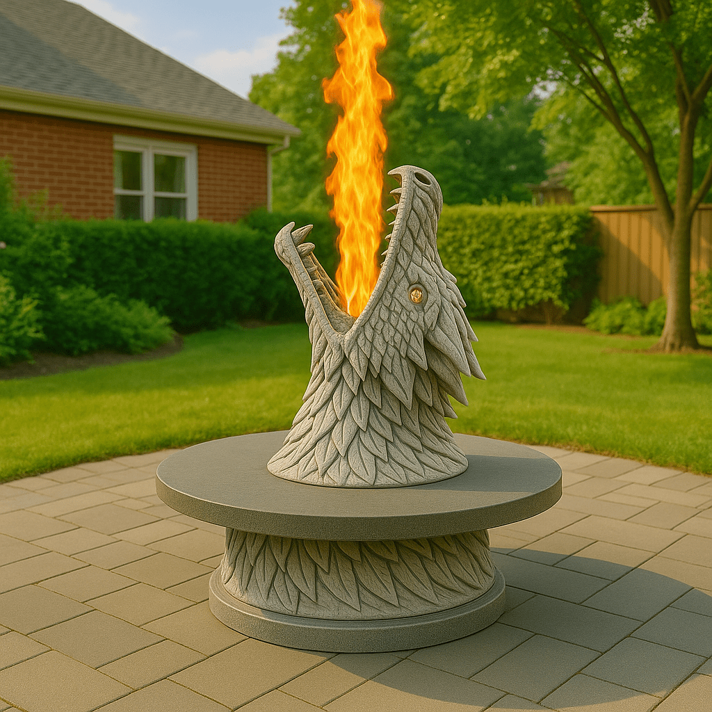 A grey dragon head firepit table with realistic scale textures and flames rising from its mouth in a garden setting.