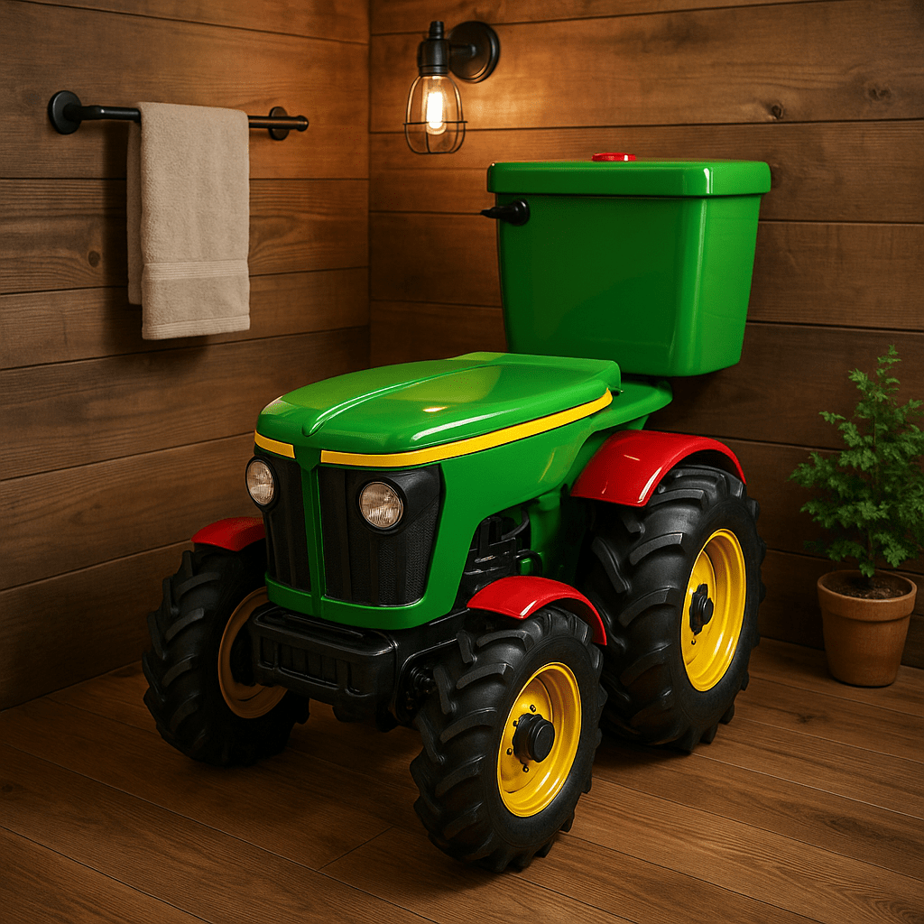Green tractor-shaped toilet with red accents and yellow wheels inspired by classic farm vehicles