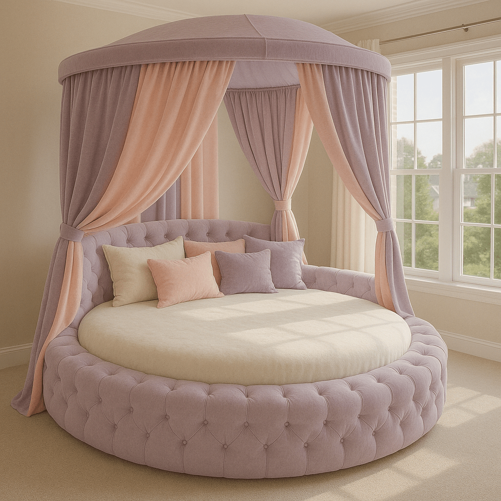 Whimsical lilac round canopy bed with peach drapery and pastel cushions.
