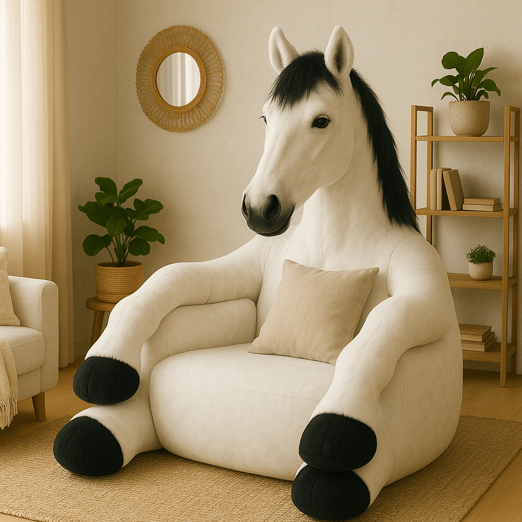 A crisp white oversized horse-shaped armchair with a beige cushion in a light-filled, modern living room.