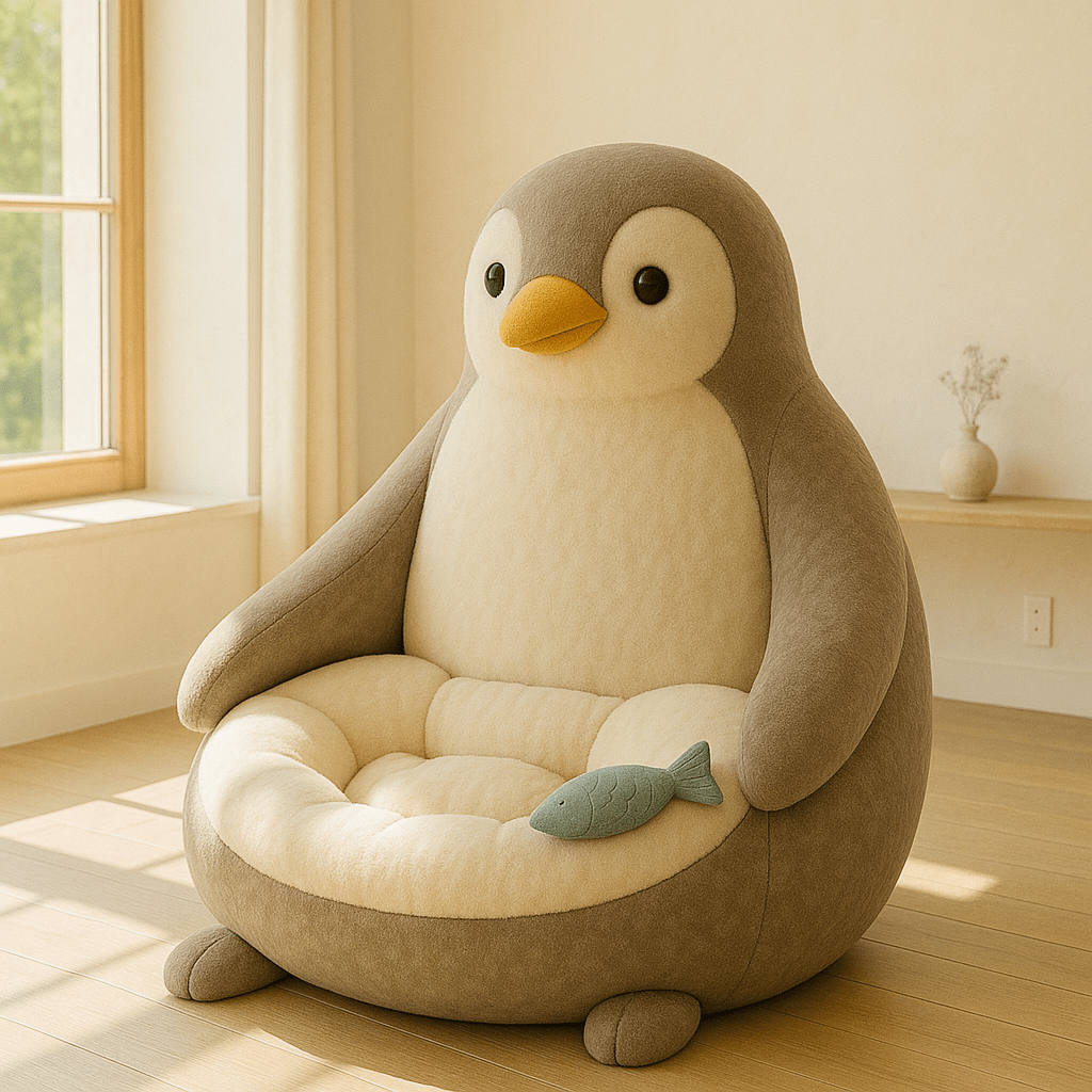 Soft taupe and cream penguin-shaped chair with rounded features and a fish cushion, ideal for neutral interiors.