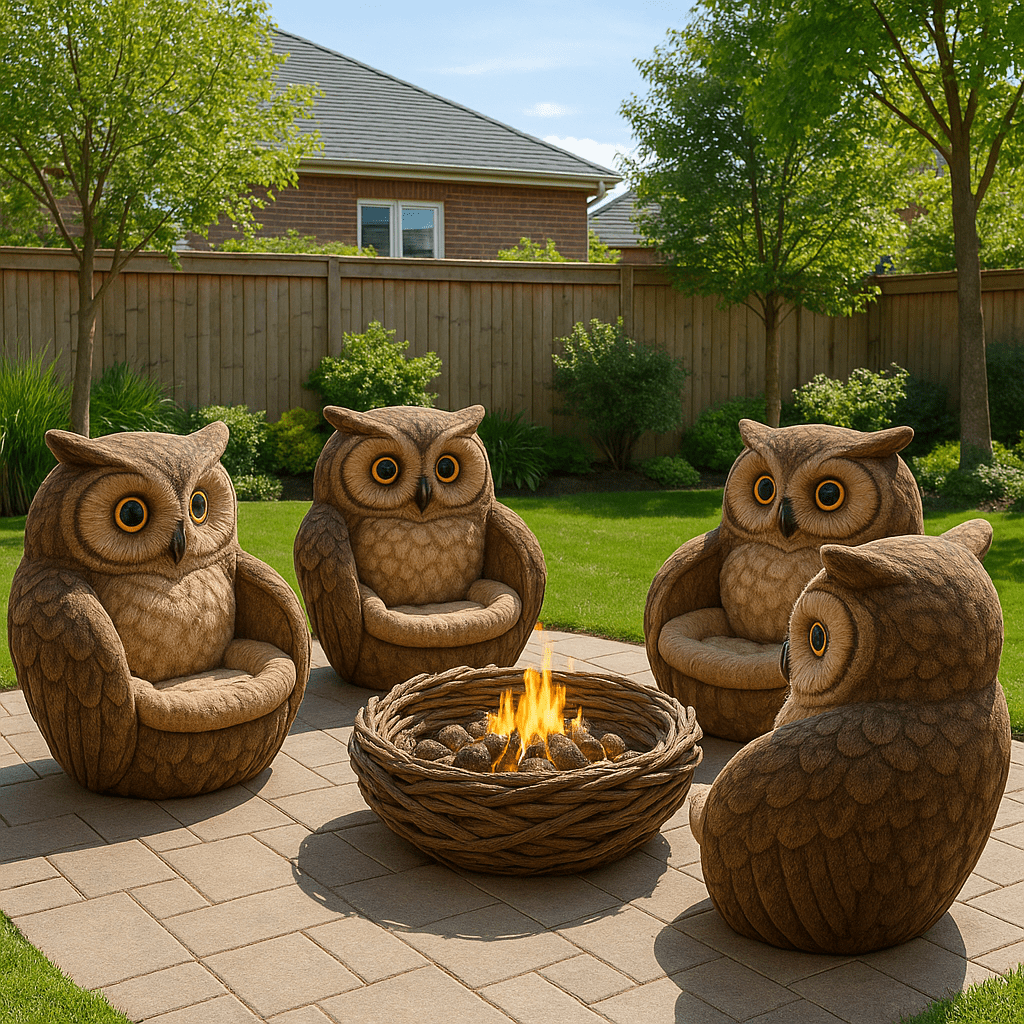  Four brown owl-shaped outdoor chairs surrounding a firepit in a garden setting
