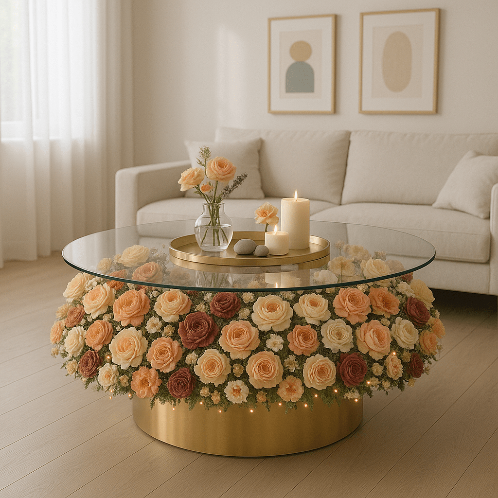 Round glass coffee table with gold base and floral display in cream, peach, burnt orange, and terracotta roses.