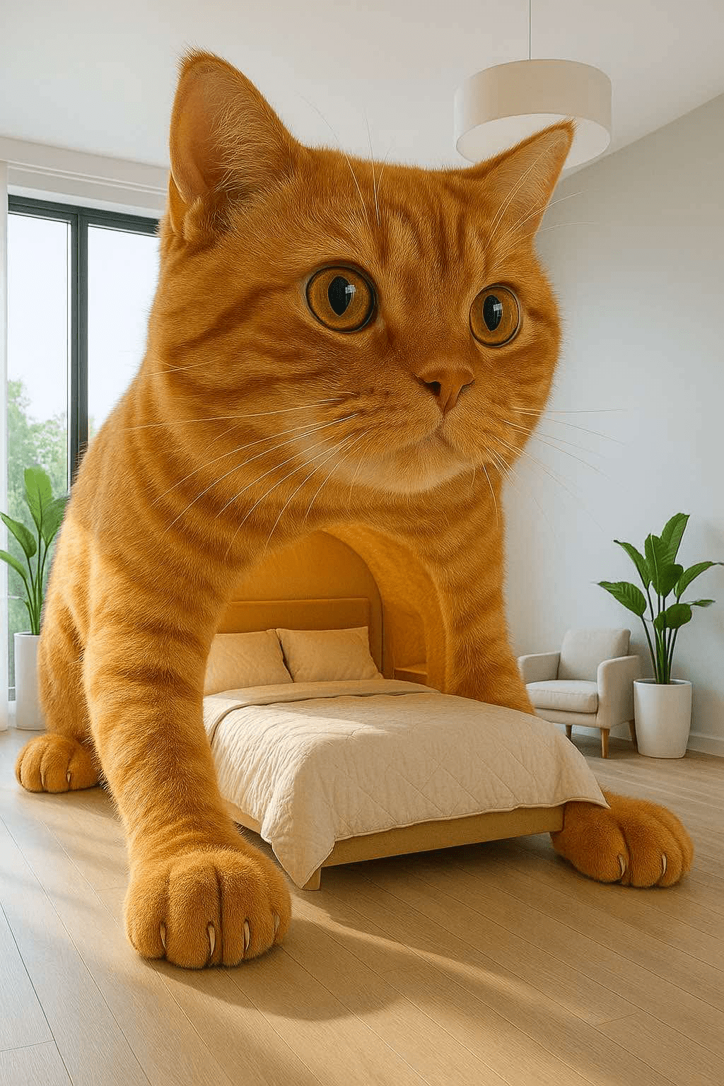 Cat-shaped bed with orange fur in a bright, modern bedroom with cream bedding