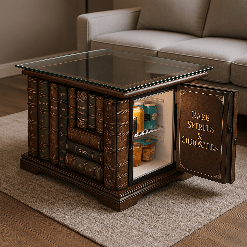 Dark brown vintage-style coffee table designed like stacked books, featuring a hidden mini fridge stocked with drinks.