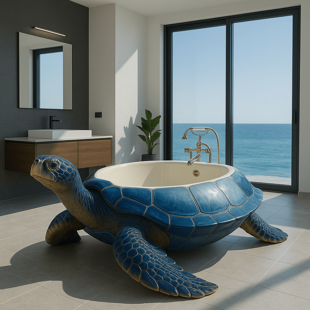 Bold deep blue turtle-shaped bathtub with gold accents in luxury coastal bathroom