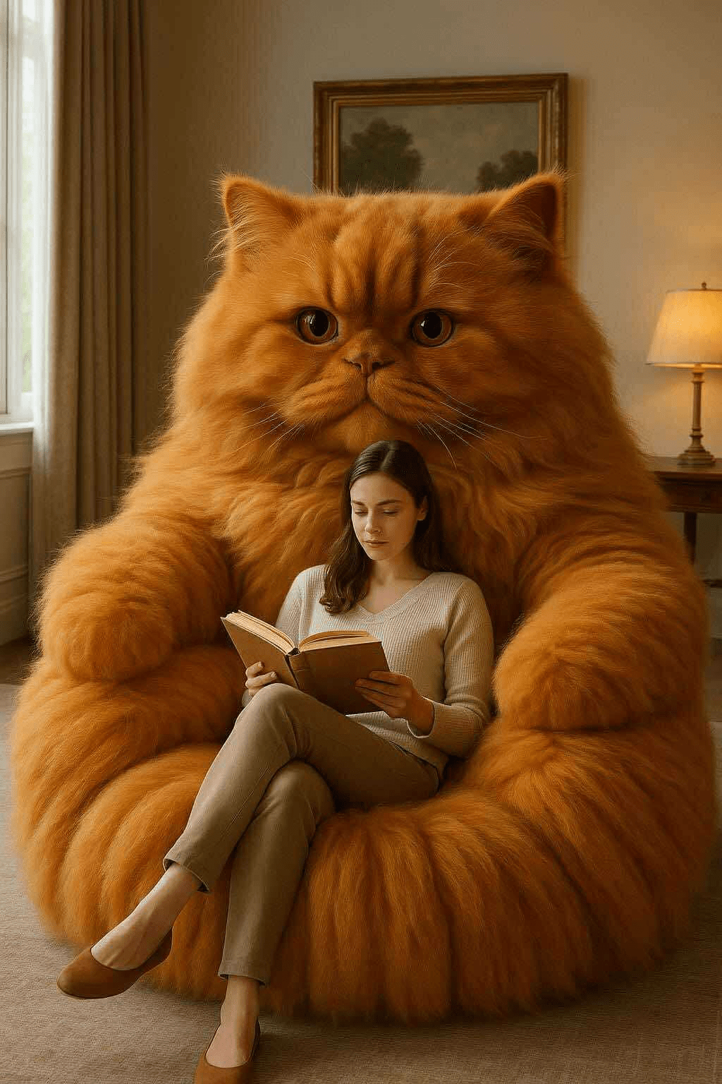 A woman reading a book in a warm-toned oversized ginger cat armchair.