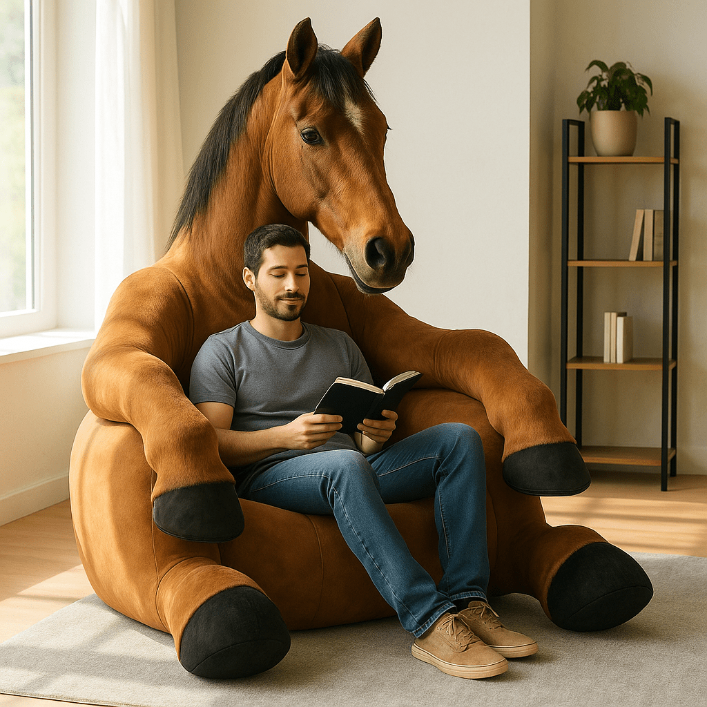 A lifelike oversized brown horse-shaped armchair with a man reading a book in a sunlit living room.