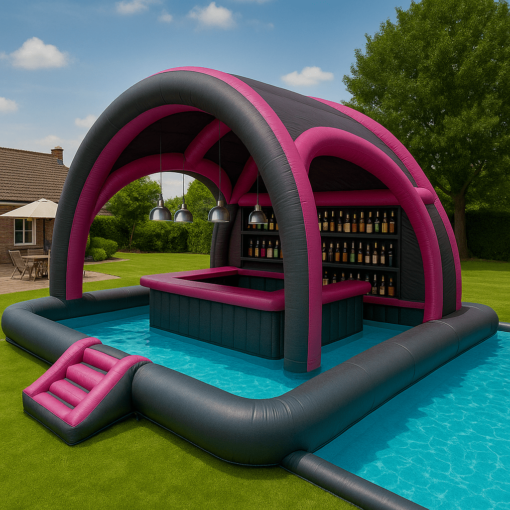 A glamorous black and pink inflatable pool bar with bottle shelves and shaded seating.