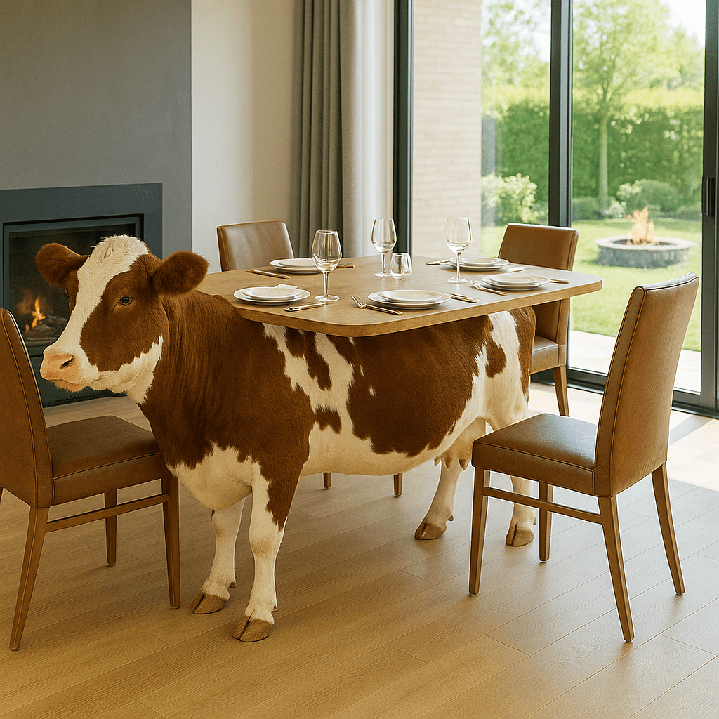Red and white cow-shaped dining table set for dinner in a bright dining room.