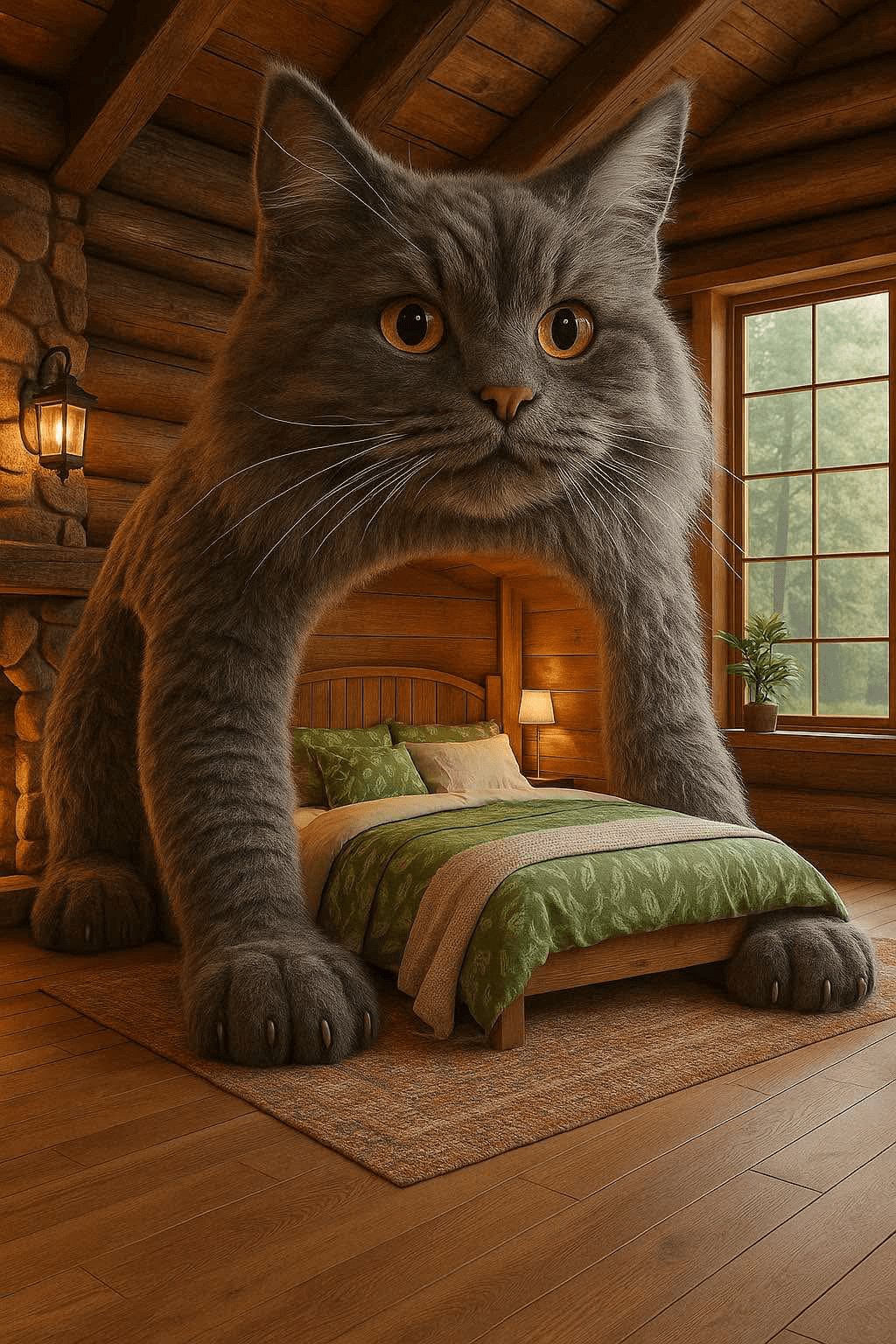 Grey long-haired cat-shaped bed with green bedding in a wooden cabin interior