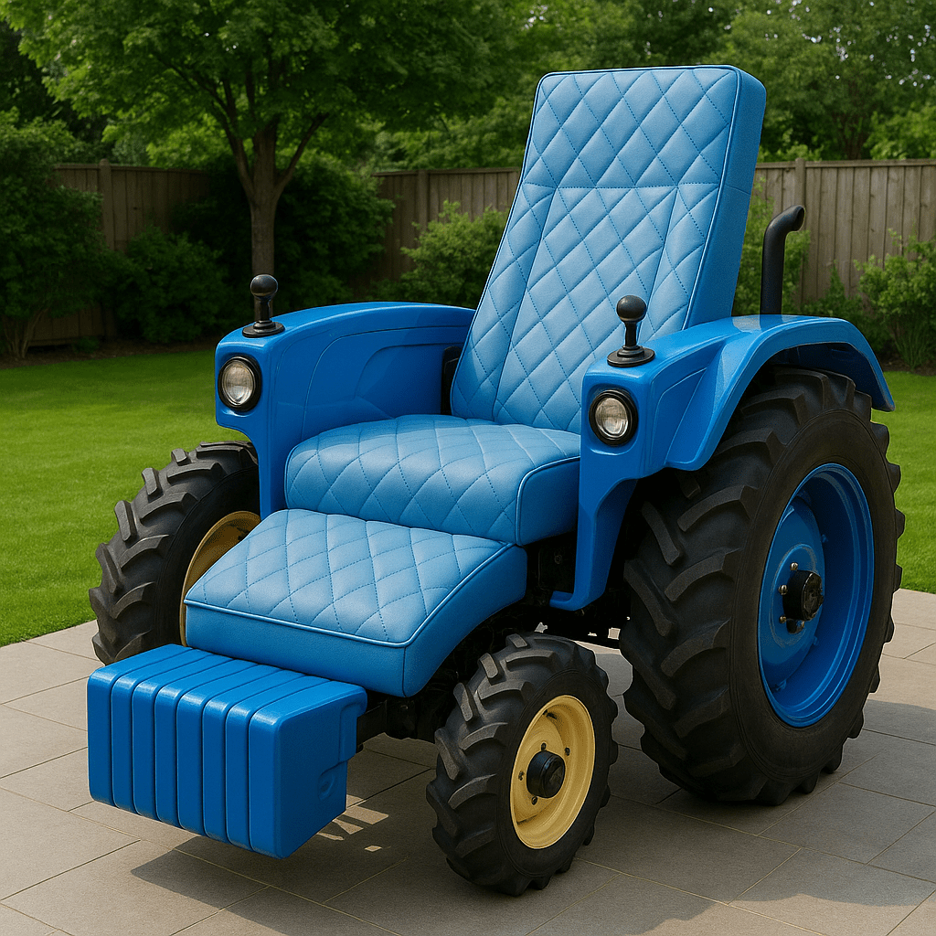A novelty blue tractor outdoor recliner with quilted blue seating and oversized tyres.