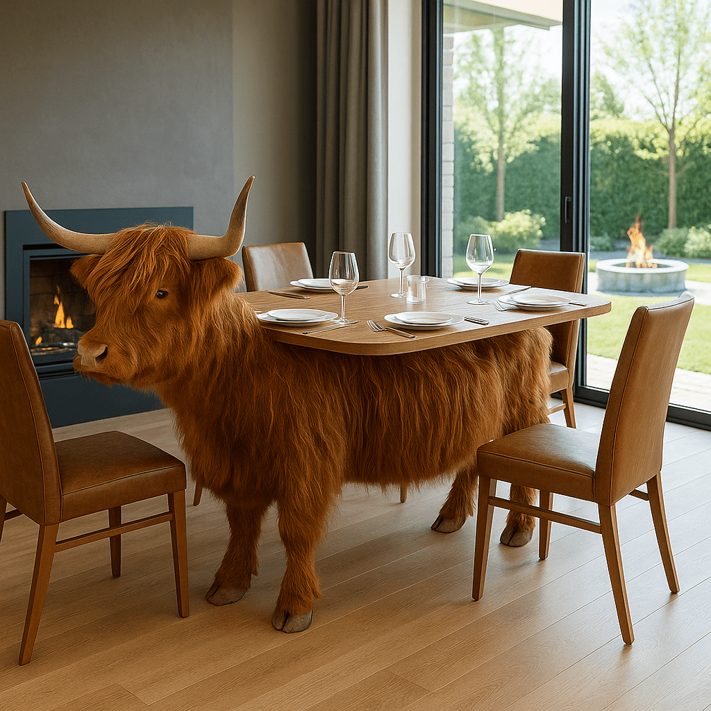 Highland cow-shaped dining table with reddish fur and horns surrounded by leather chairs.