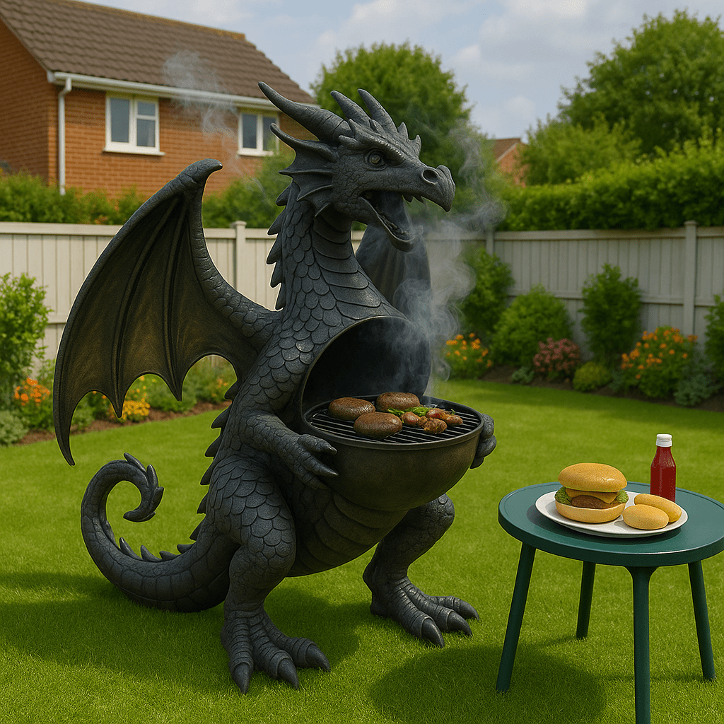  A dark grey dragon-shaped BBQ grill with smoke and grilled food, in a vibrant backyard