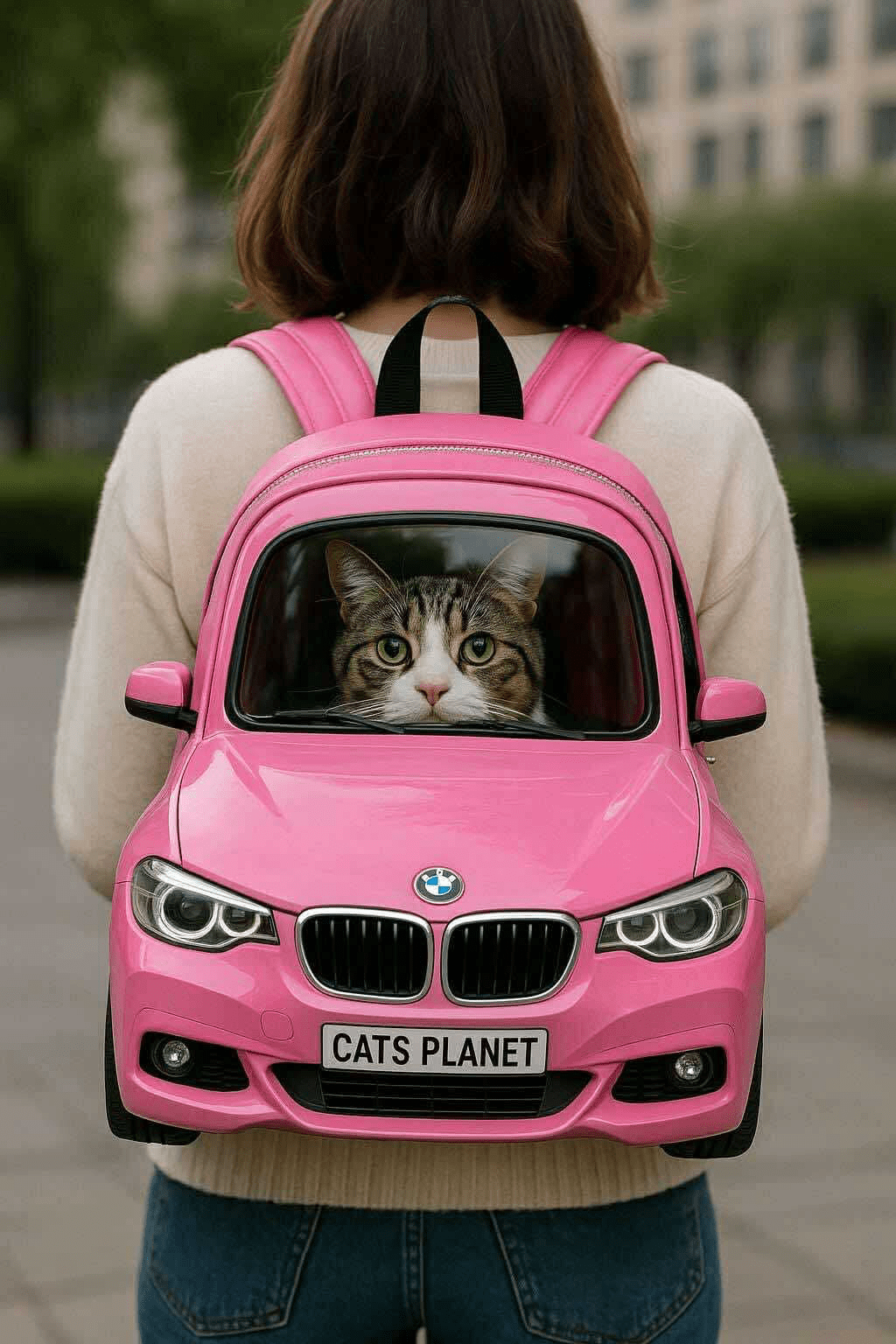 Cat sitting in a pink car-shaped backpack with realistic details and a clear window.