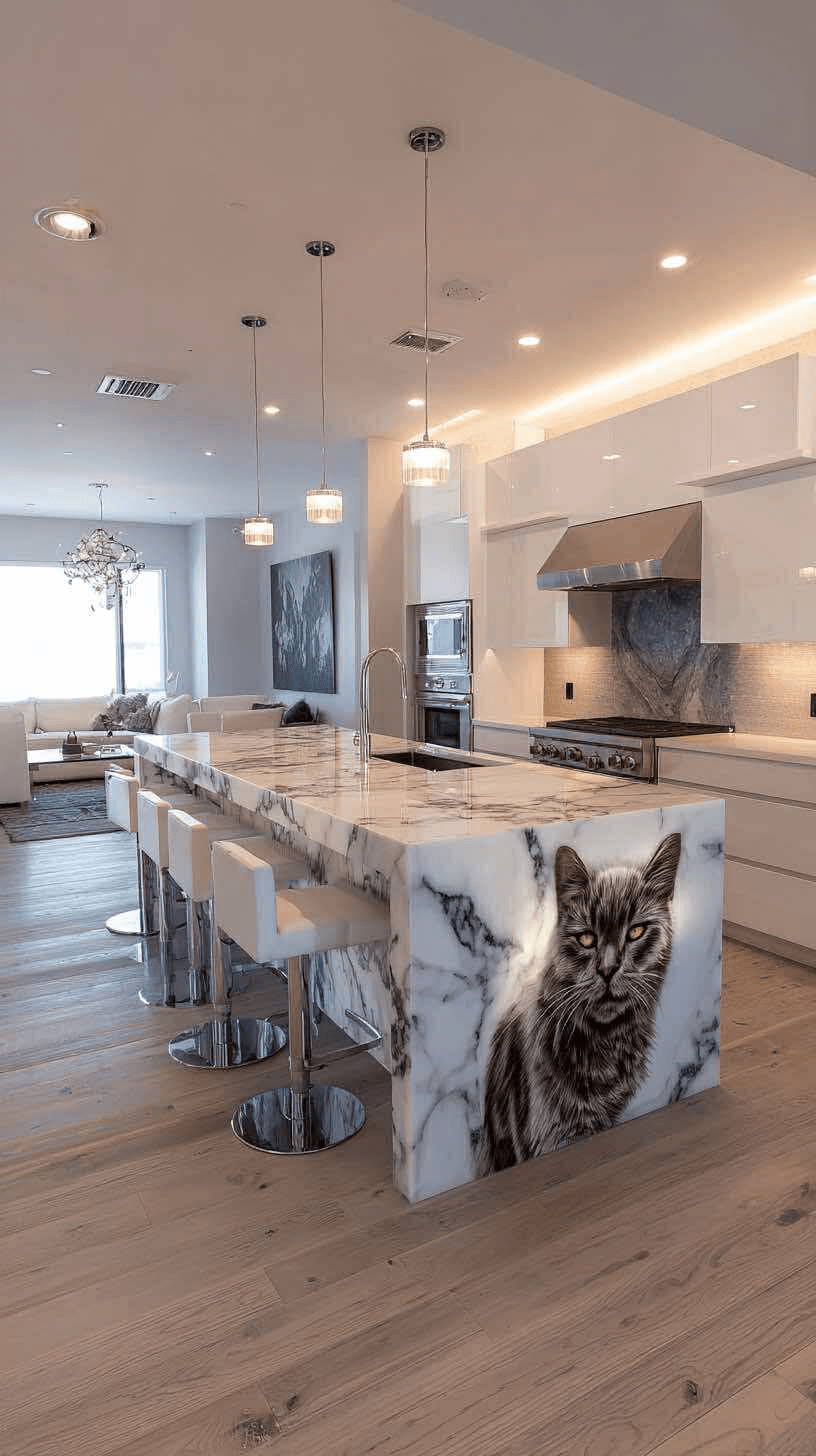Elegant marble kitchen island with detailed monochrome cat design.
