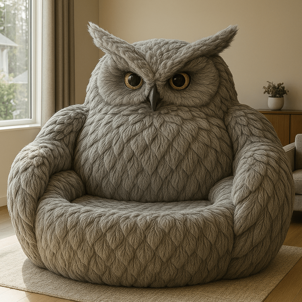 Large grey owl-shaped novelty armchair with feather-style texture in a modern home interior.