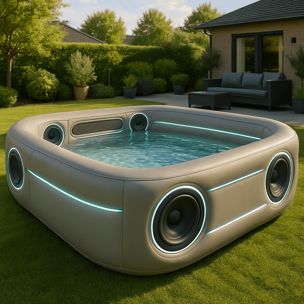 Beige inflatable pool with speakers and LED accents in a landscaped garden.